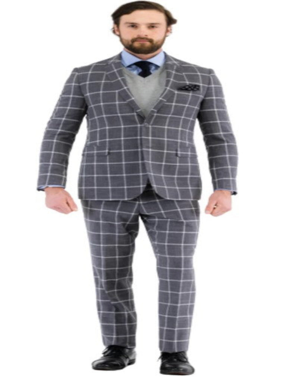 Mens Grey Plaid Suit with Vest - Windowpane Pattern