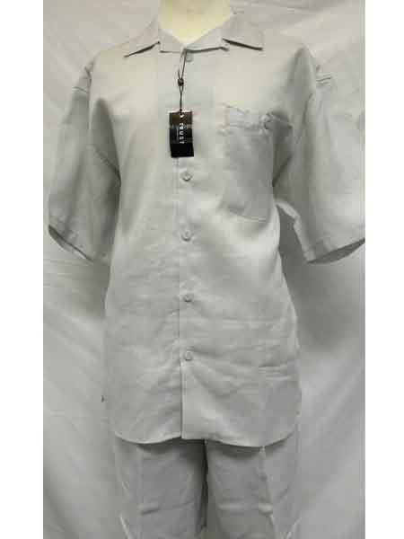 Men's 2 Piece Big Size Grey Linen Short Sleeve Casual Outfit Casual Two Piece Mens Walking Outfit For Sale Pant Sets Suit