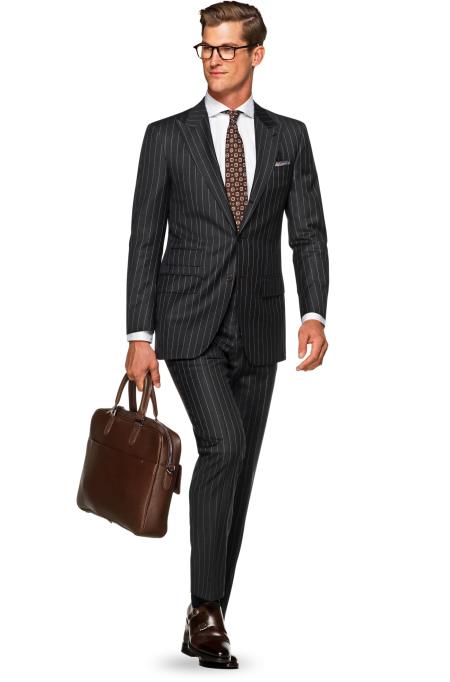 Men's Pinstripe Pattern 2 Button Peak Lapel Grey Slim Fit Wool Suit