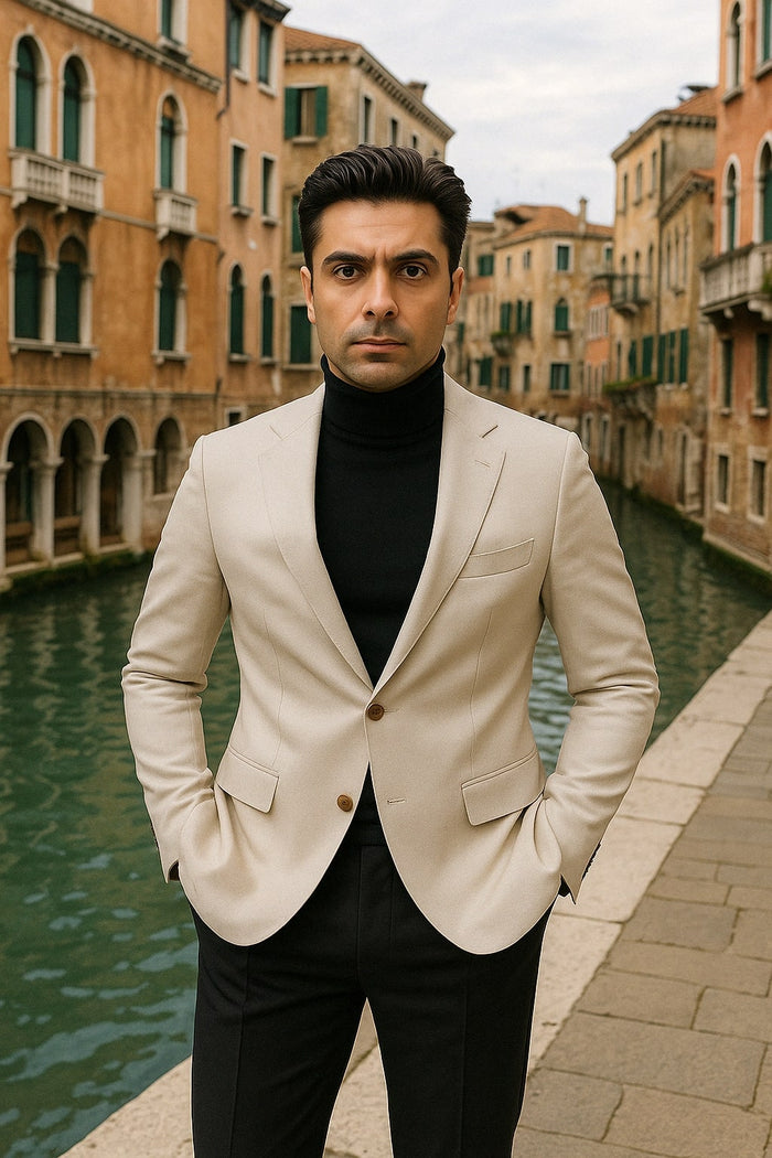 Light Beige Slim Fit Notch Lapel Blazer