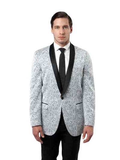 Men's Tuxedo Floral Satin Shiny Black Lapel Two Toned Blazer Dinner Jacket Paisley Sport Coat Flashy Silky Satin Stage Fancy Stage Party Dance Jacket Silver Light Gray ~ Grey