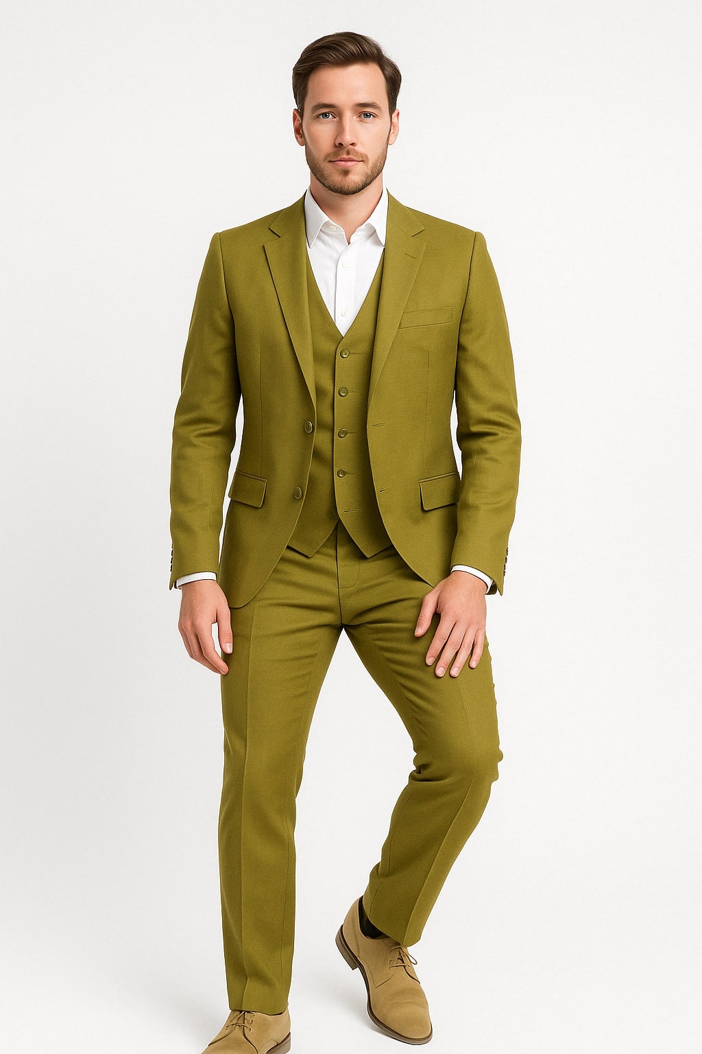 Light Olive Green Linen Three-Piece Suit