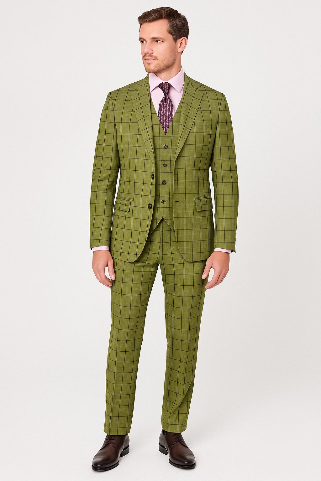 Men's Olive Green Three-Piece Plaid Suit