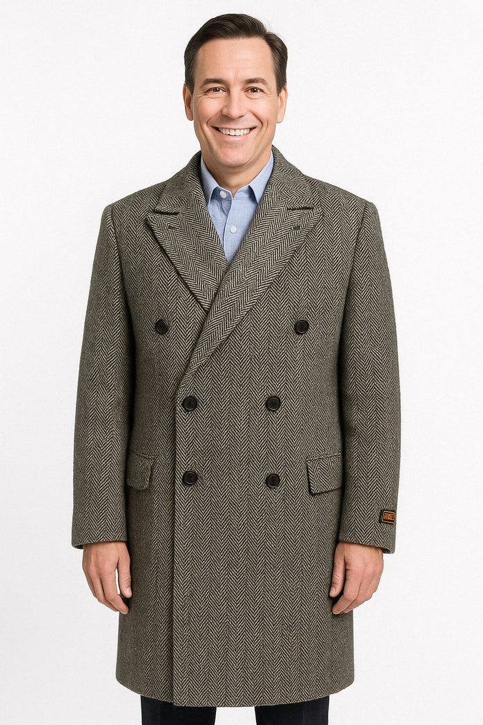 Classic Double-Breasted Herringbone Wool Overcoat