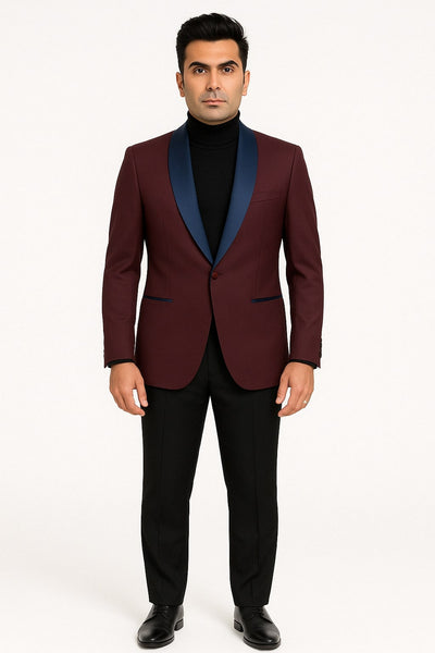 Maroon Slim Fit Tuxedo Jacket with Blue Shawl Lapel