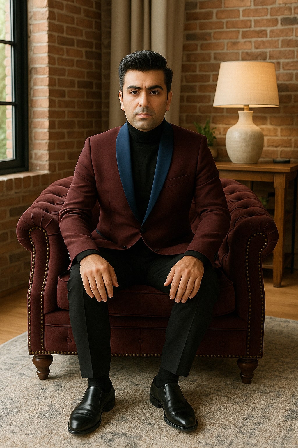 Maroon Slim Fit Tuxedo Jacket with Blue Shawl Lapel
