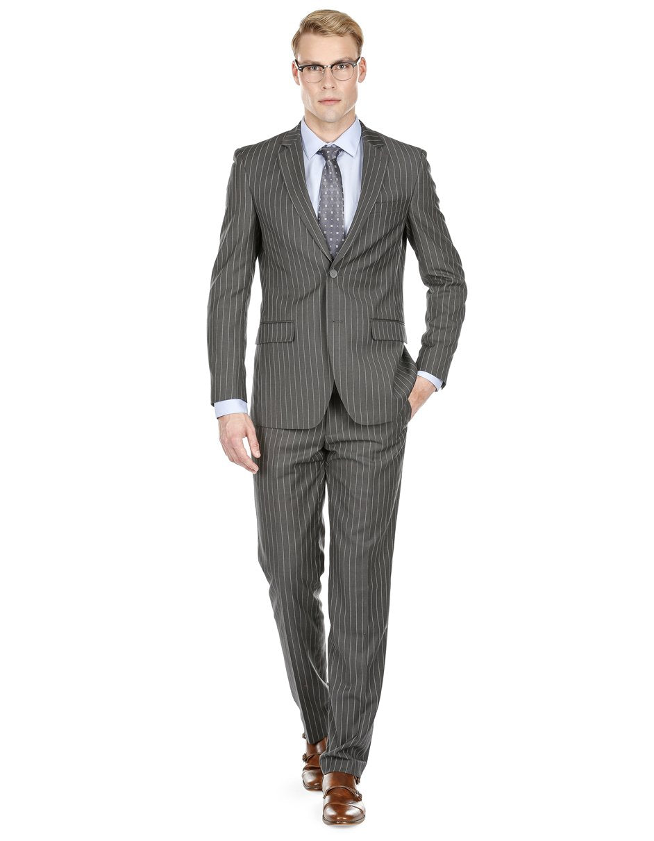Modern Fit Gangster Pinstripe Suit Charcoal Grey
