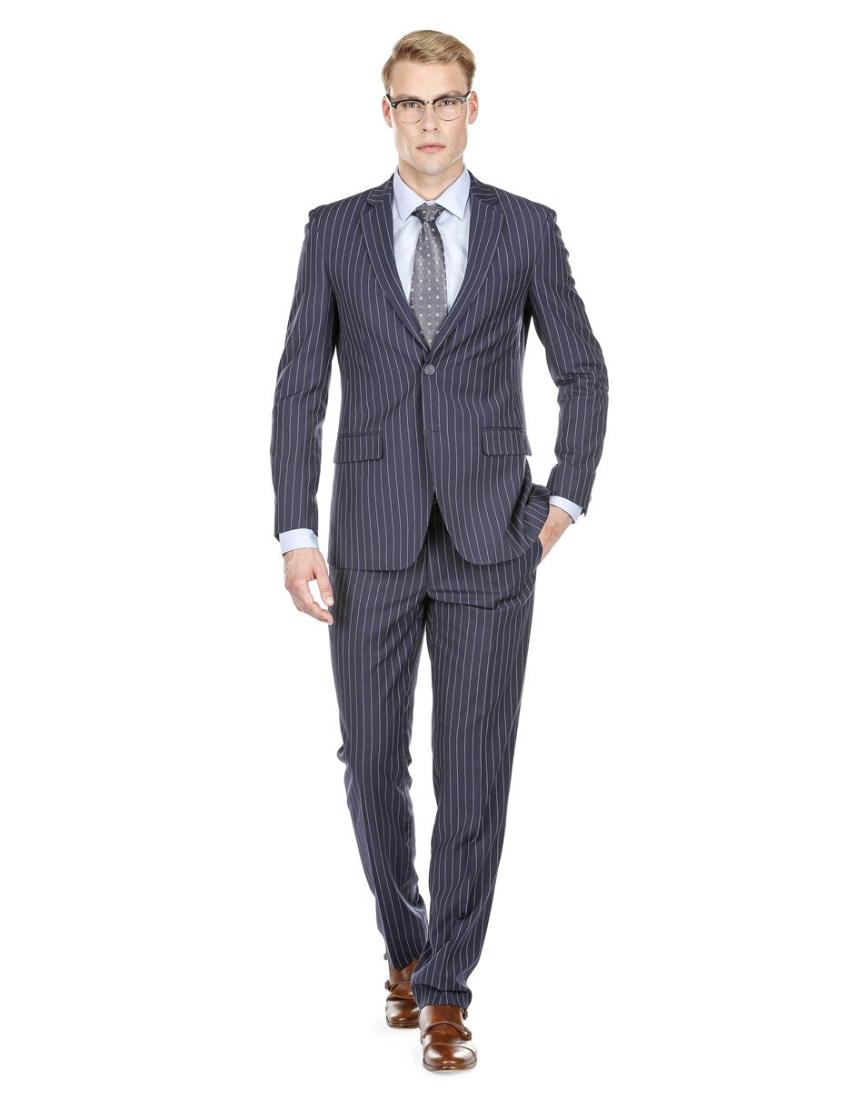 Modern Fit Gangster Pinstripe Suit Navy Blue