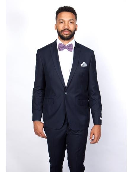 Rossiman Rossi Navy Blue Slim Fit Suit - Peak Lapel
