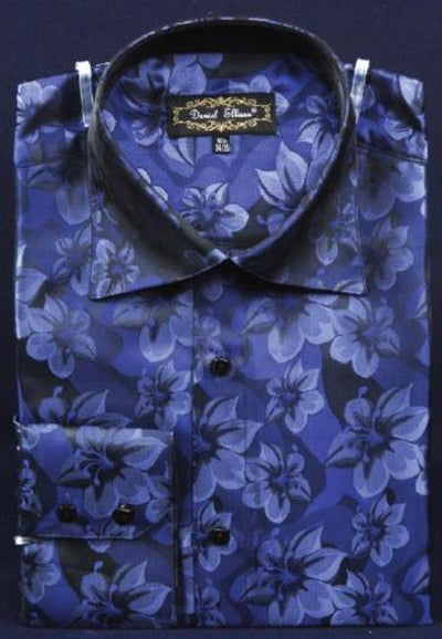 Navy Blue thick mandarin band Fancy Polyester Shirt
