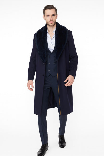 Men's Navy Overcoat with Faux Fur Collar