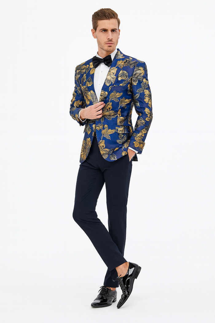 Navy Blue & Gold Slim Fit Tuxedo Blazer