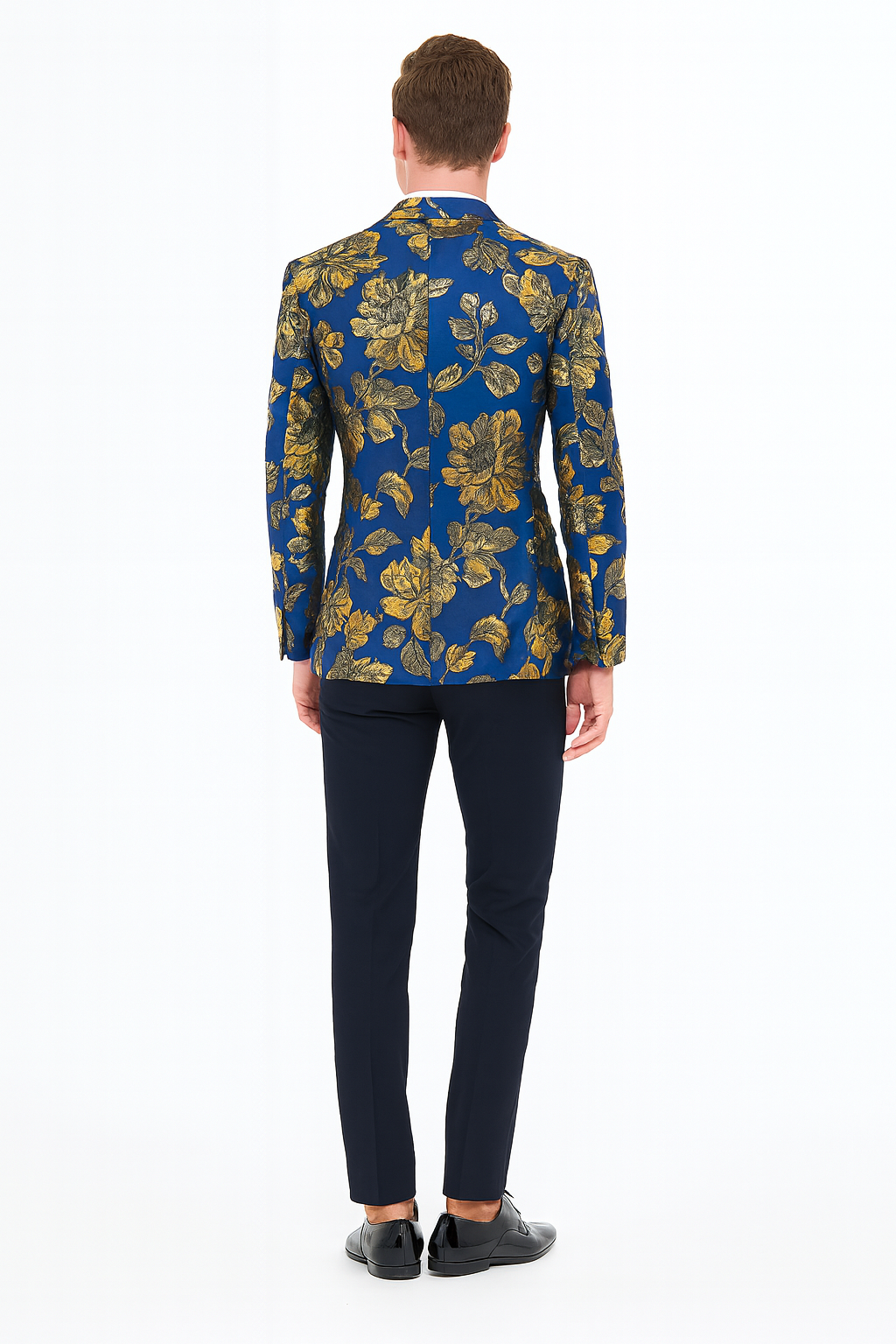 Mens Navy Blue and Gold Floral Tuxedo Jacket – Luxury Slim Fit Blazer with Gold Pattern Paisley Pattern Matching Bowtie