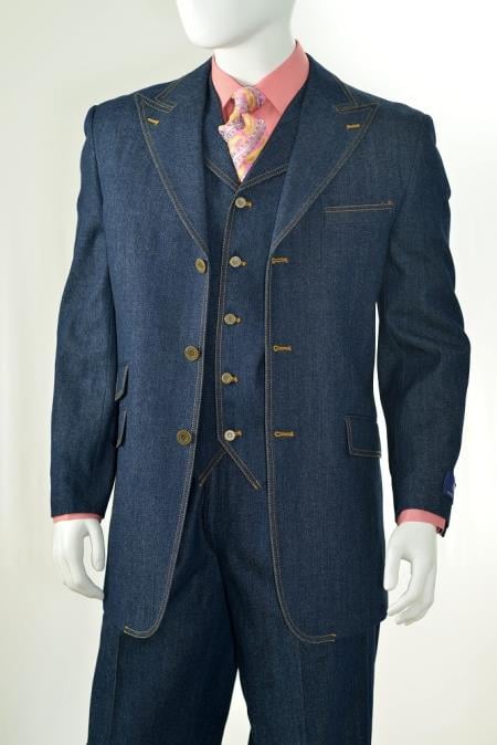 Men's 3 Piece Vested Peak Lapel Denim Suit Dark Navy - Three Piece Suit