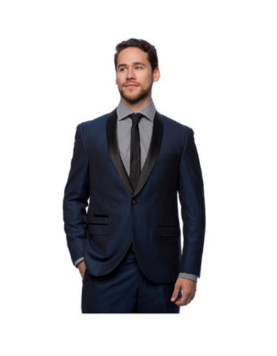 West End Men's Young Look Slim Fit Collar Satin-Detailed Tuxedo Dark Navy - Dark Blue Suit Color