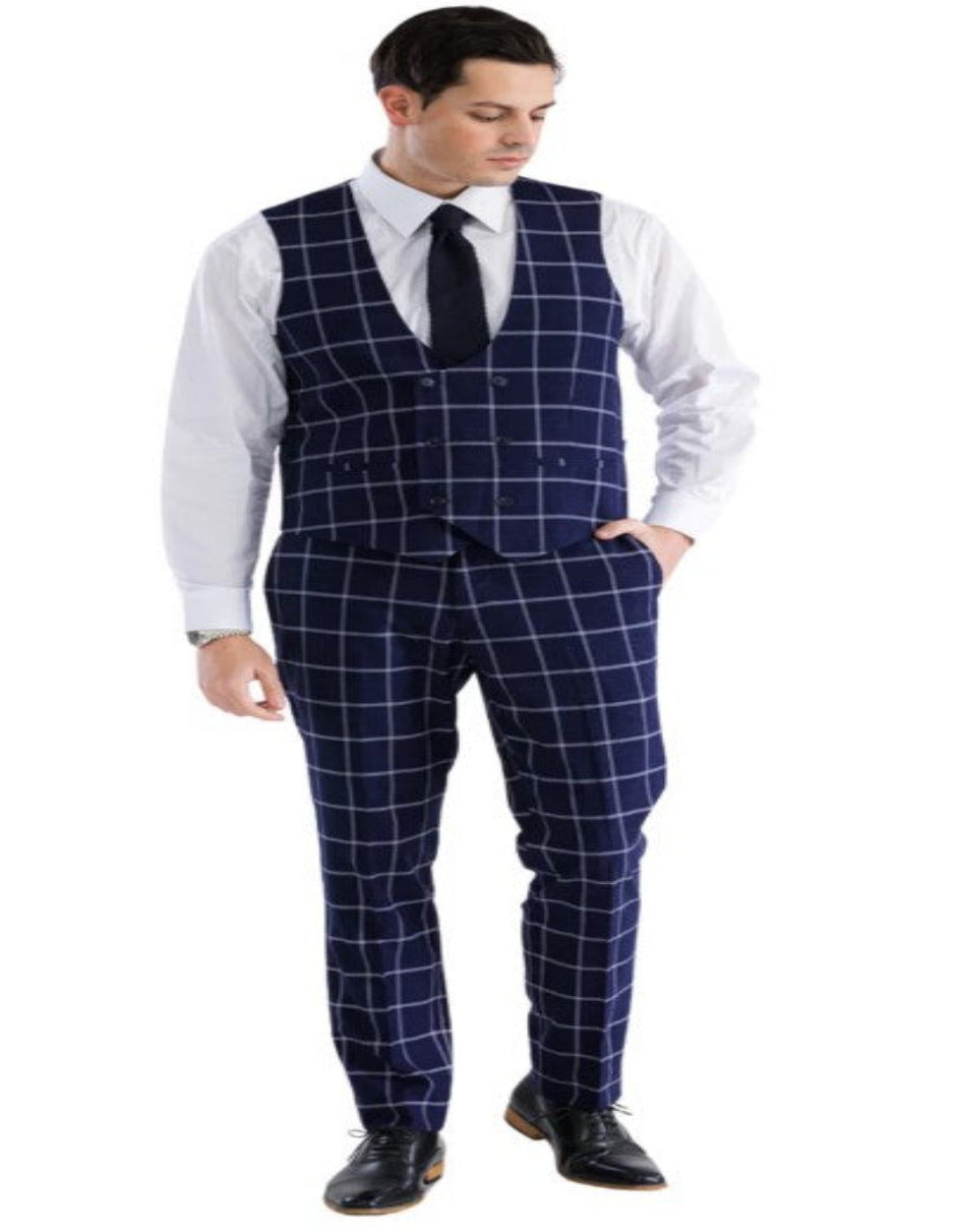 Men's Navy Plaid Windowpane Suit with Vest