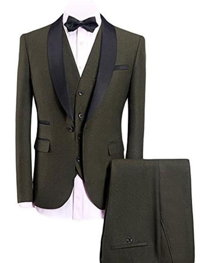 Men's Olive Green 3-Pieces Slim Fit Shawl Lapel 1 Button Vested Dress Suit