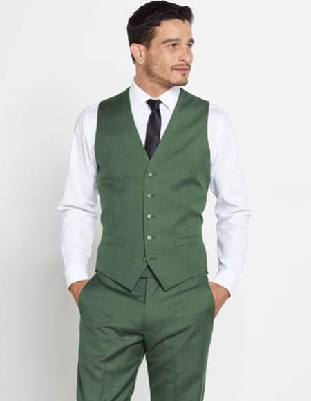 Mens Light Olive Green Vest + Matching Solid Dress Pants Set