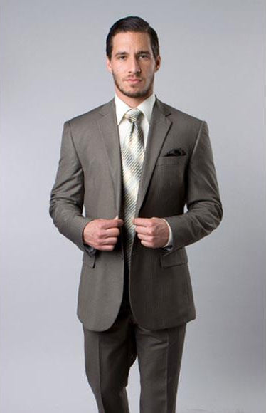 Designer Affordable Inexpensive Men's Wool Platinum Stripe Olive Two Piece Suit with Flat Front Pant
