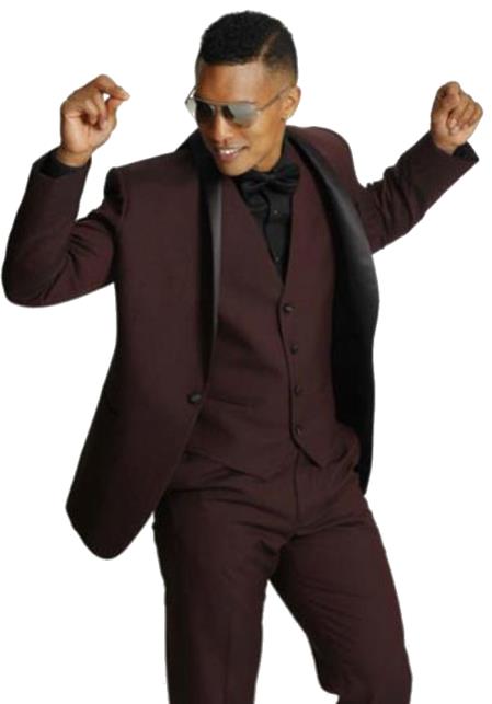 Men's One Button Shawl Black Lapel Tuxedo Burgundy ~ Wine ~ Vested Burgundy Suit