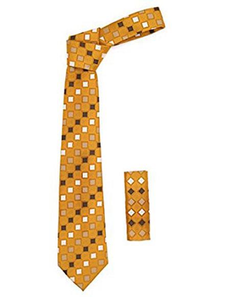 Men's Geometric Square Pattern Burnt Orange Trendy Necktie With Hanky Set- Men's Neck Ties - Mens Dress Tie - Trendy Mens Ties
