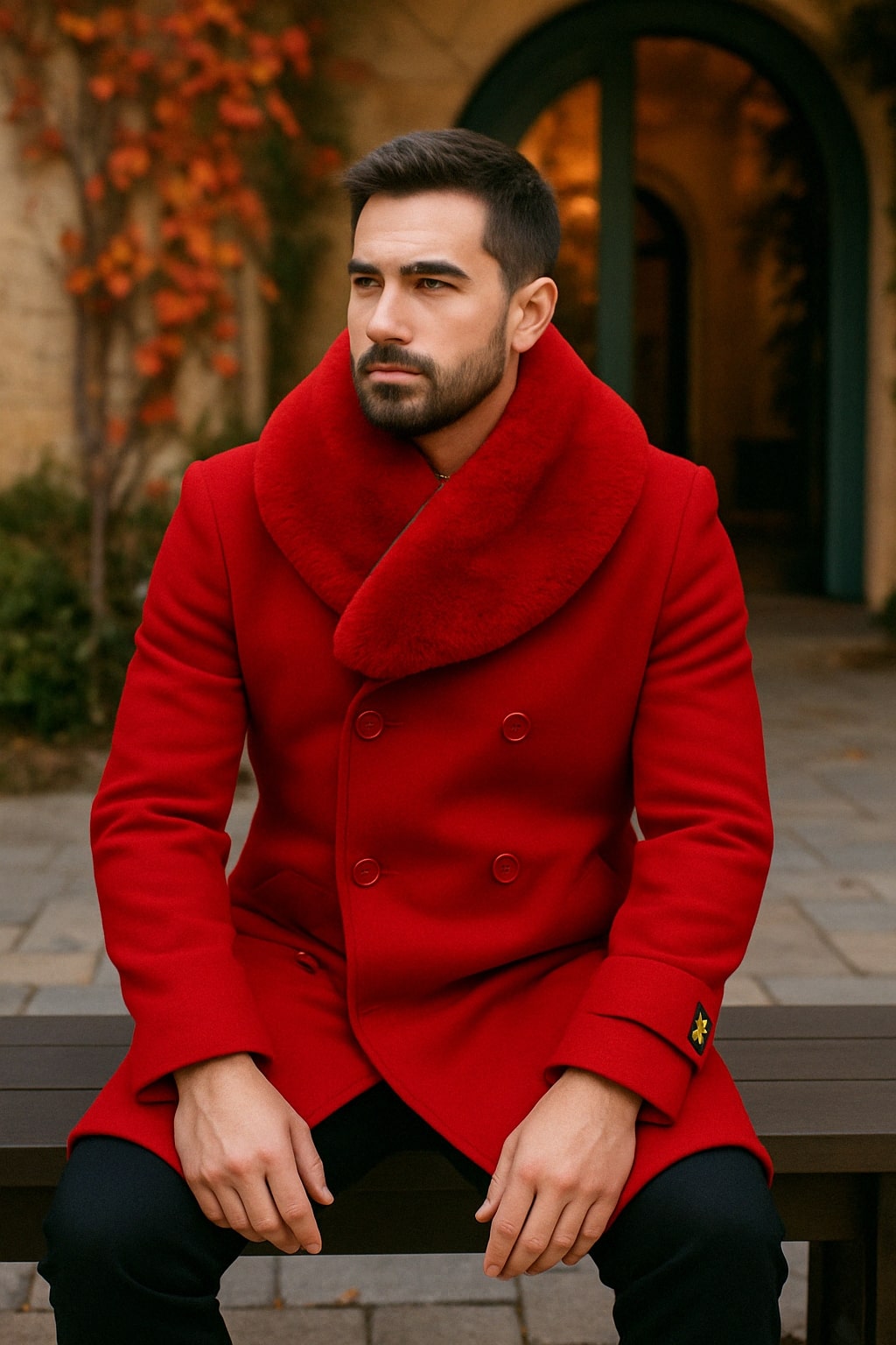 Red Wool Double-Breasted Mens Peacoat