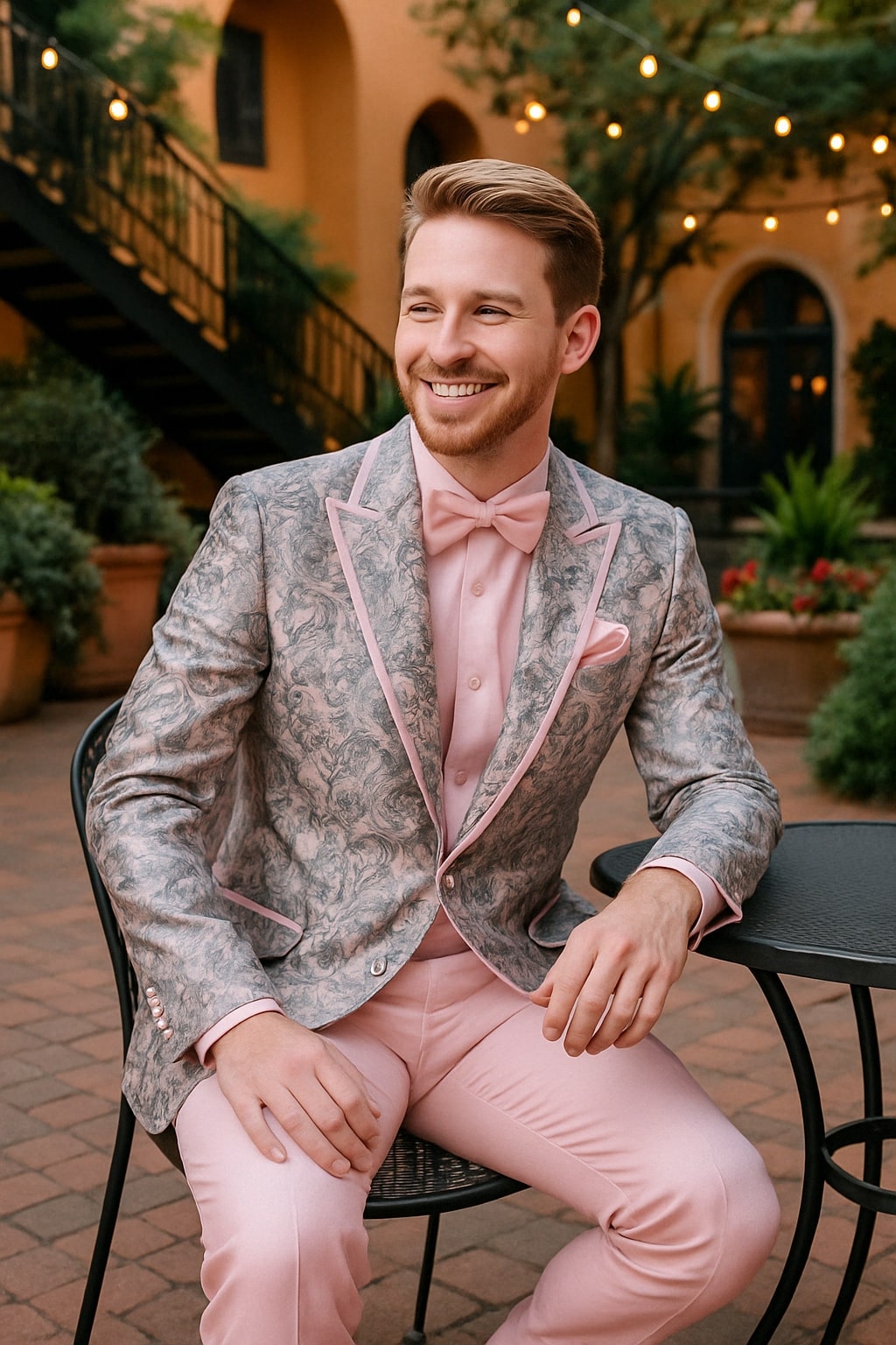 Pink Grey Floral Tuxedo with Satin Trim