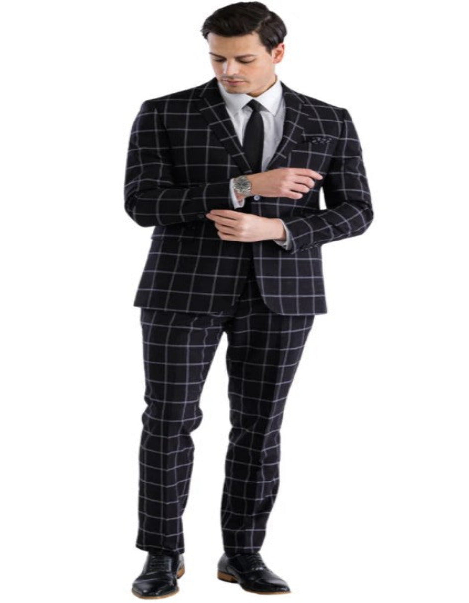 Men’s Windowpane Plaid Suit with Vest - Black