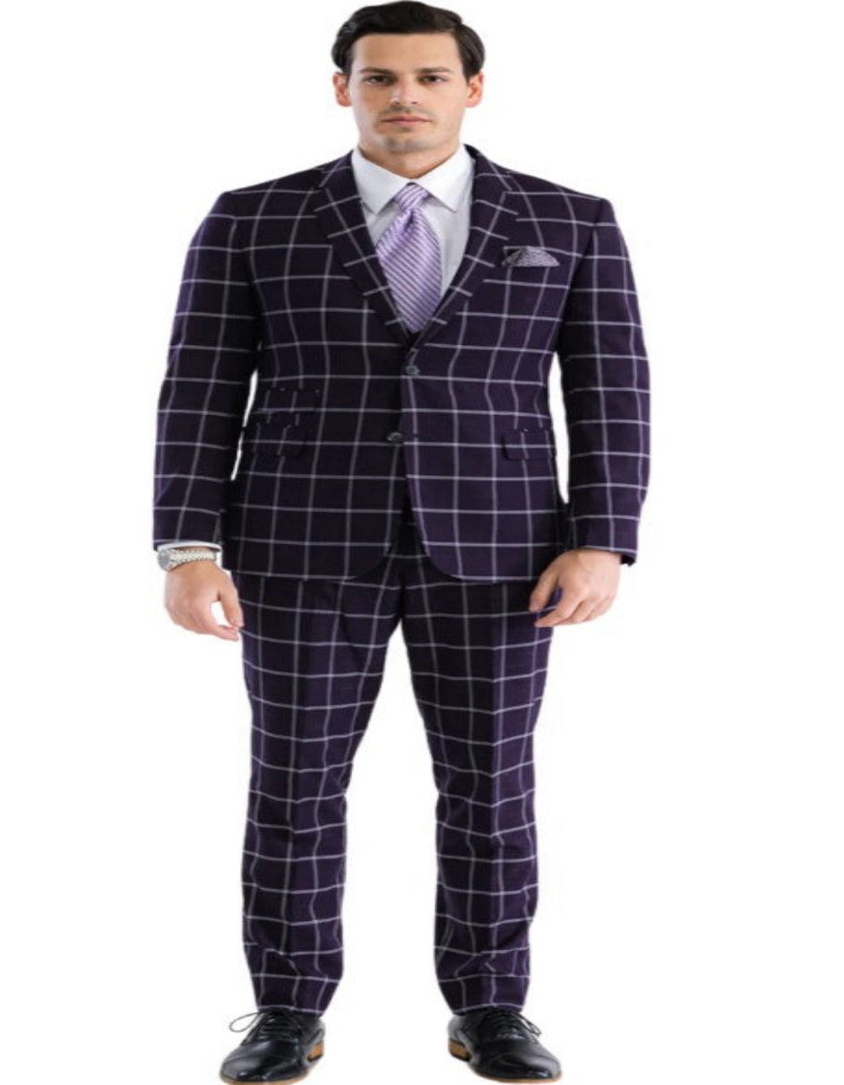Burgundy Windowpane Plaid Suit with Vest