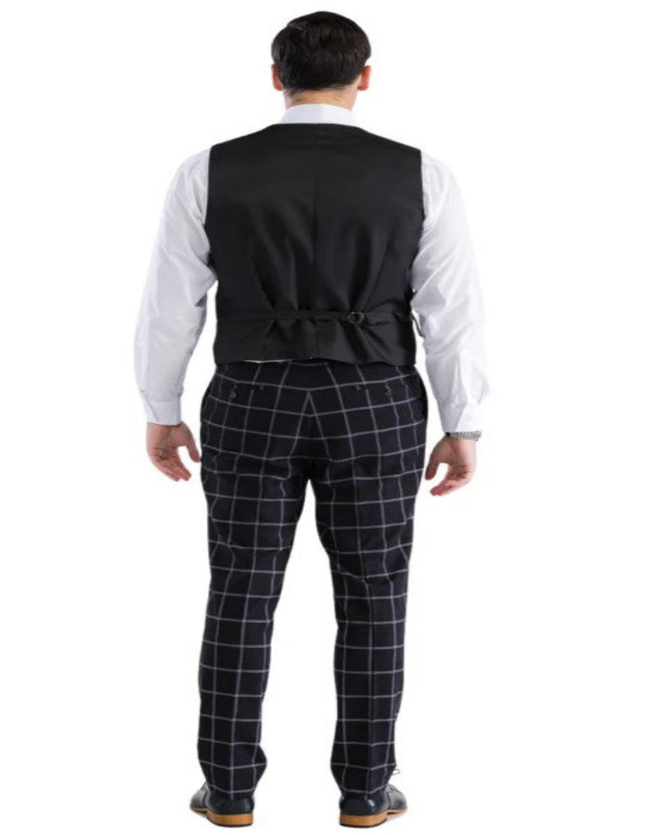 Men’s Windowpane Plaid Suit with Vest - Black