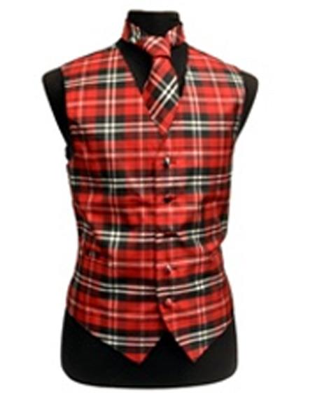 Mens Slim Fit Polyester Plaid White/Red and Black Vest Fashion Set - Men's Neck Ties - Mens Dress Tie - Trendy Mens Ties