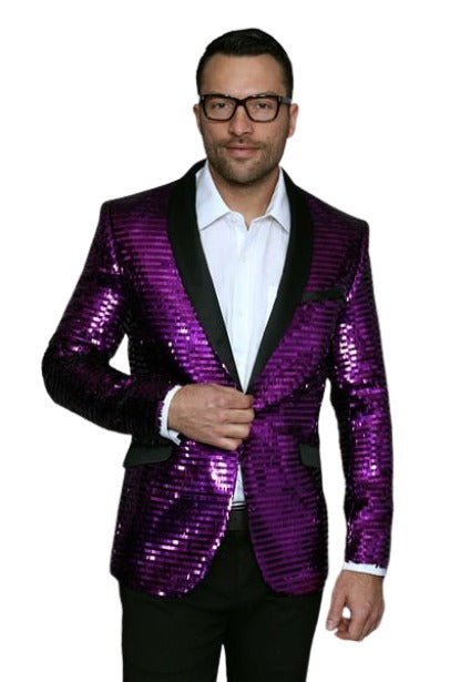 Men's Purple Shiny Sequin Paisley Button Blazer Dinner Jacket Sport