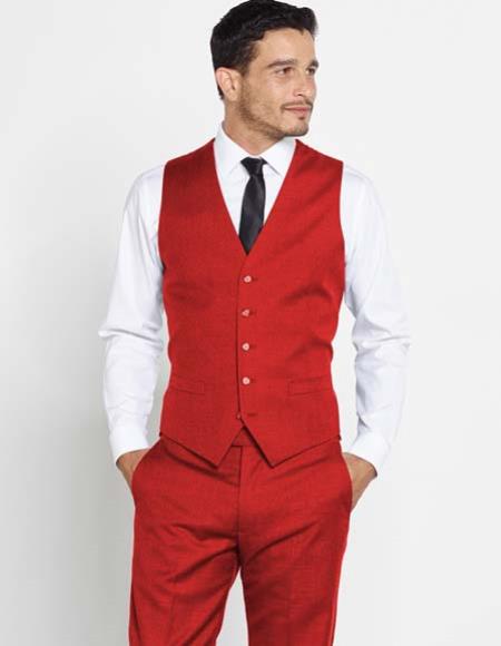 Men's Vest + Matching Solid Red Regular Fit Dress Pants Set + Any Color Shirt & Tie