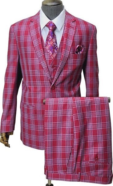 Red Plaid Three-Piece Suit - Bold Check Print