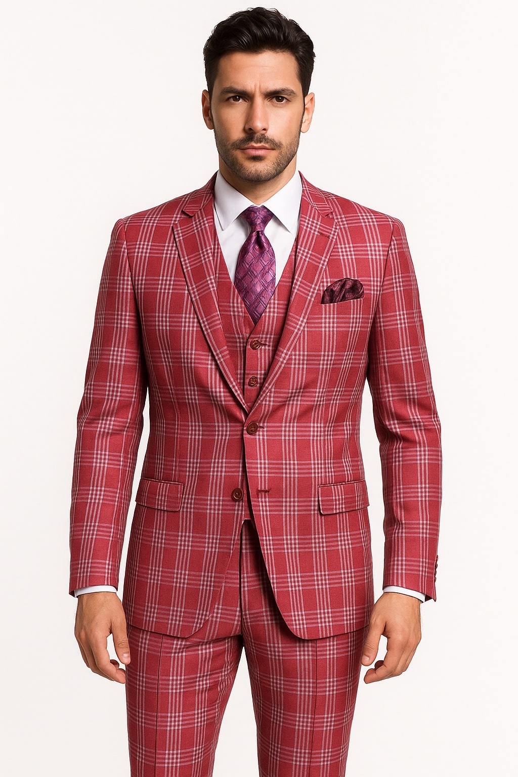 Red Plaid Three-Piece Suit - Bold Check Print