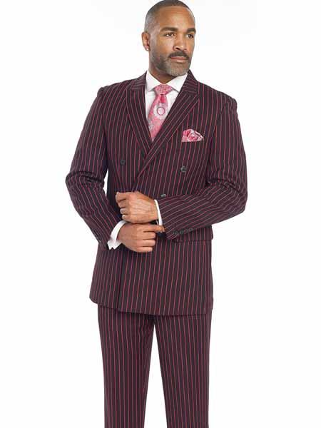 mens black dress pants with red stripe Wool Stretch Stripe Single Pleat Suit Pants - Black/red
