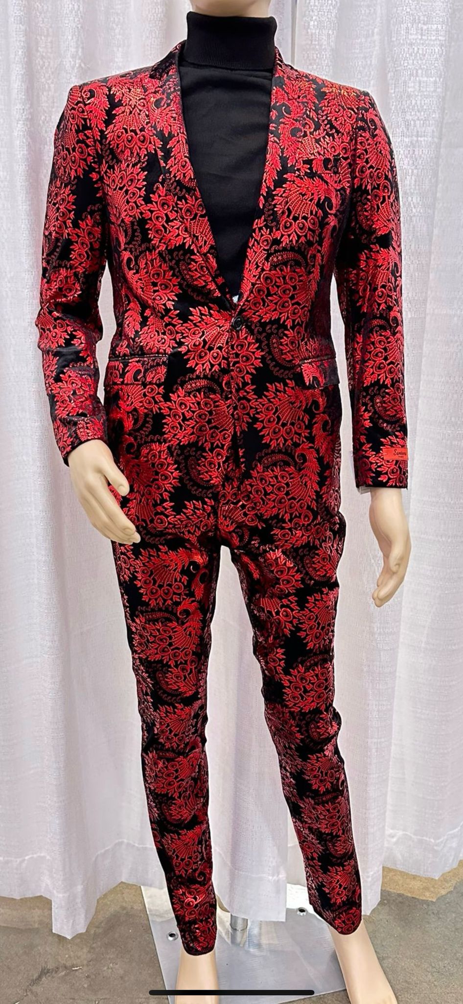 Red and Black Floral Brocade Slim Tuxedo