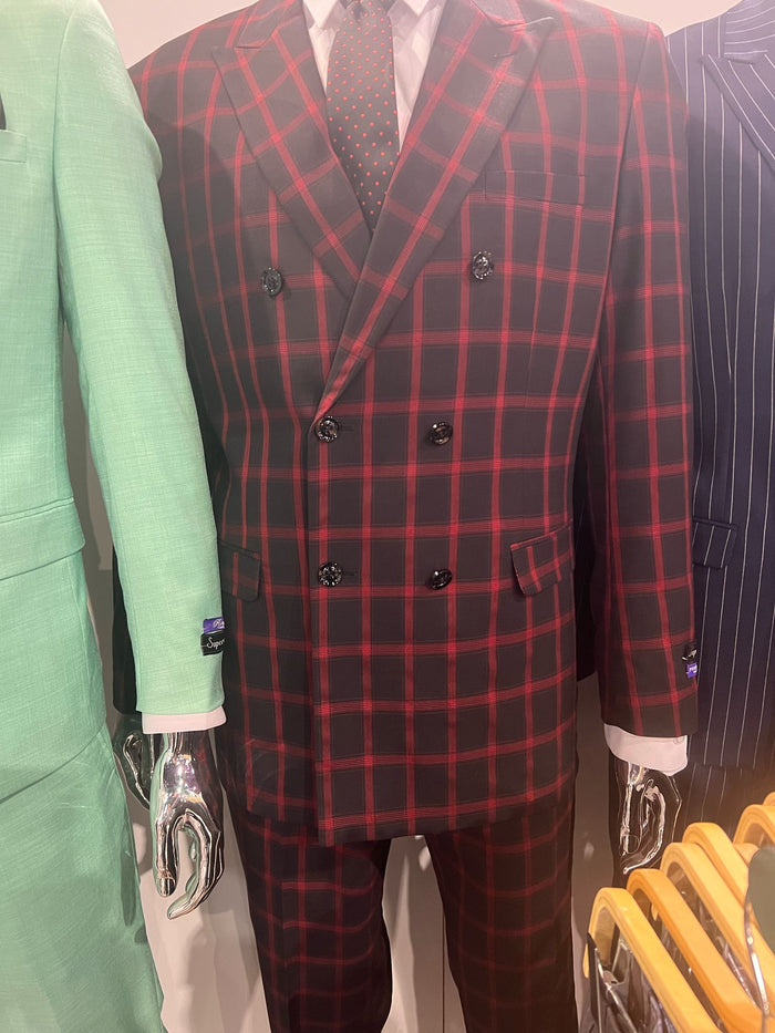 Men’s Red & Black Double-Breasted Plaid Suit
