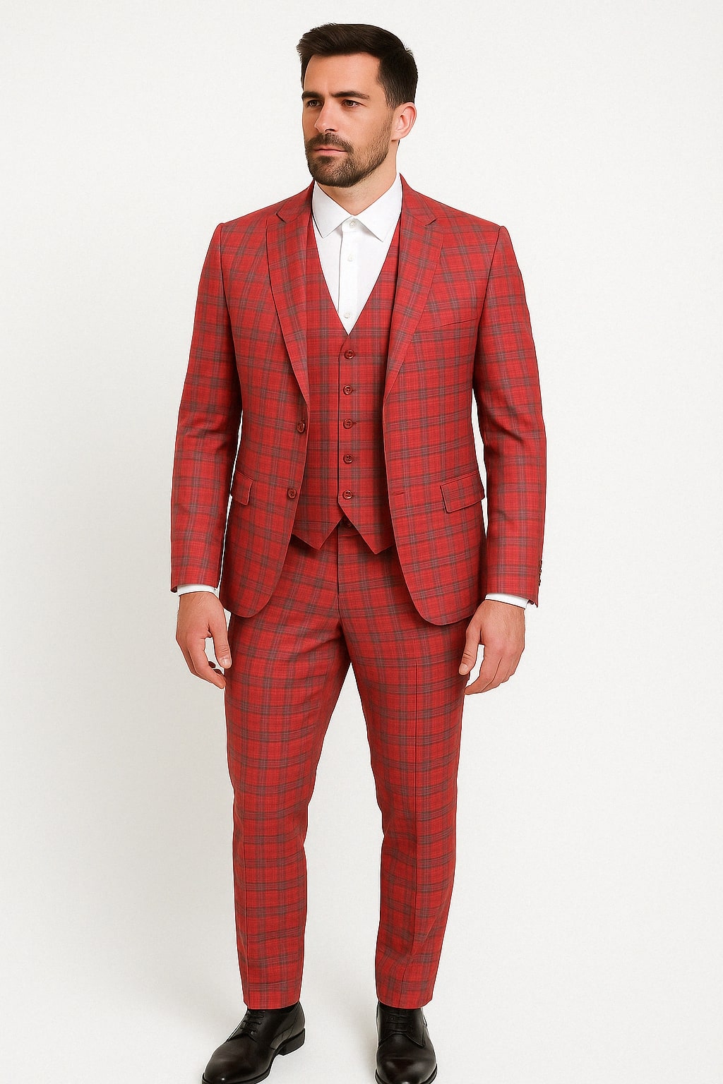 Red Tartan Plaid Slim 3-Piece Suit with Vest