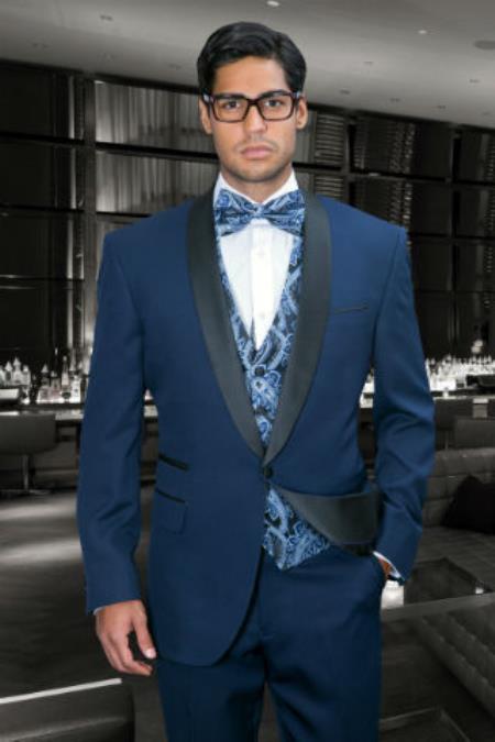 Men's 1 Button Two Toned Black Lapel Regular Fit Jacket & Pants Evening Shawl Lapel Italian Midnight Navy Blue Fashion Tuxedo For Men