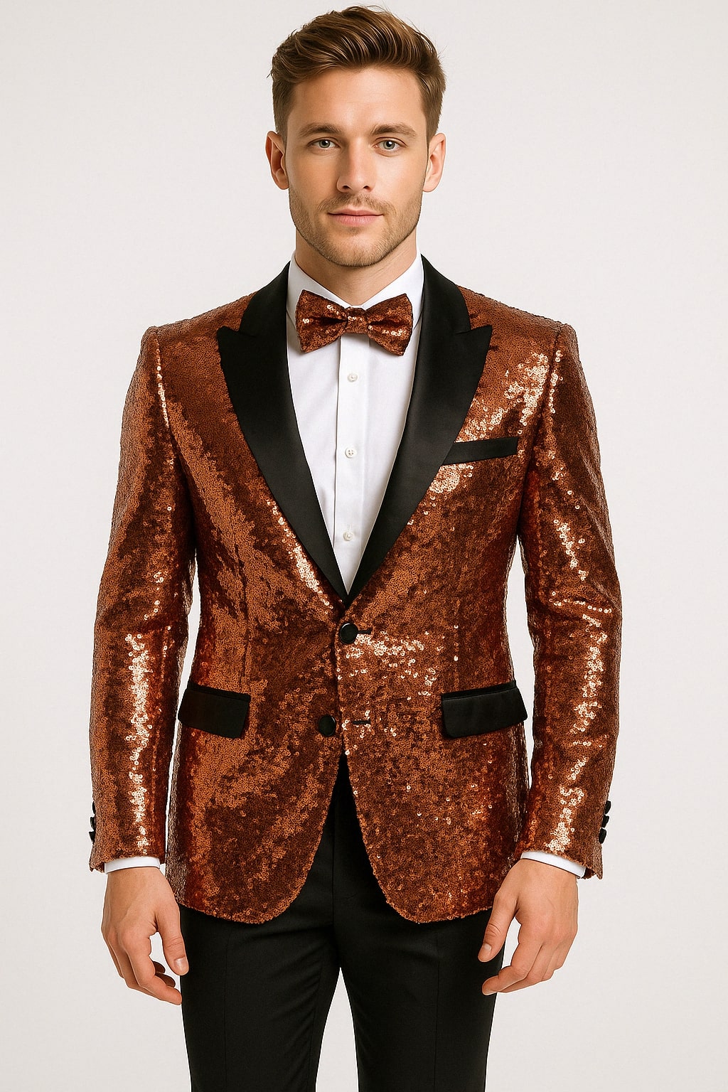 mens rose gold dress shirt Mens Rose Gold Sequin Tuxedo Jacket with Black Satin Shawl Lapel and Matching Bow Tie Rose Gold / 50 Regular Jacket+44 Waist Adjust 40to46)Height: 5'7