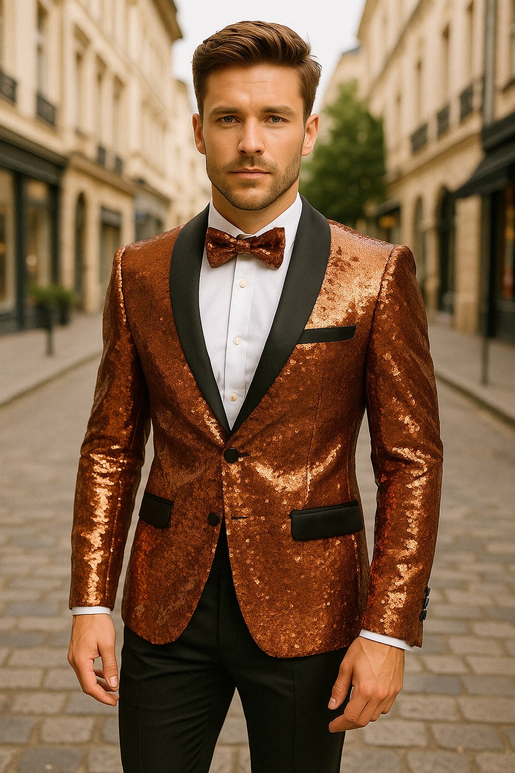 Rose Gold Sequin Tuxedo Jacket with Satin Lapel