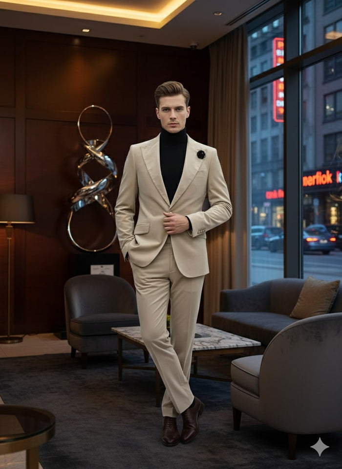 Sand Beige Velvet Slim Tuxedo Suit - 2 Piece Set