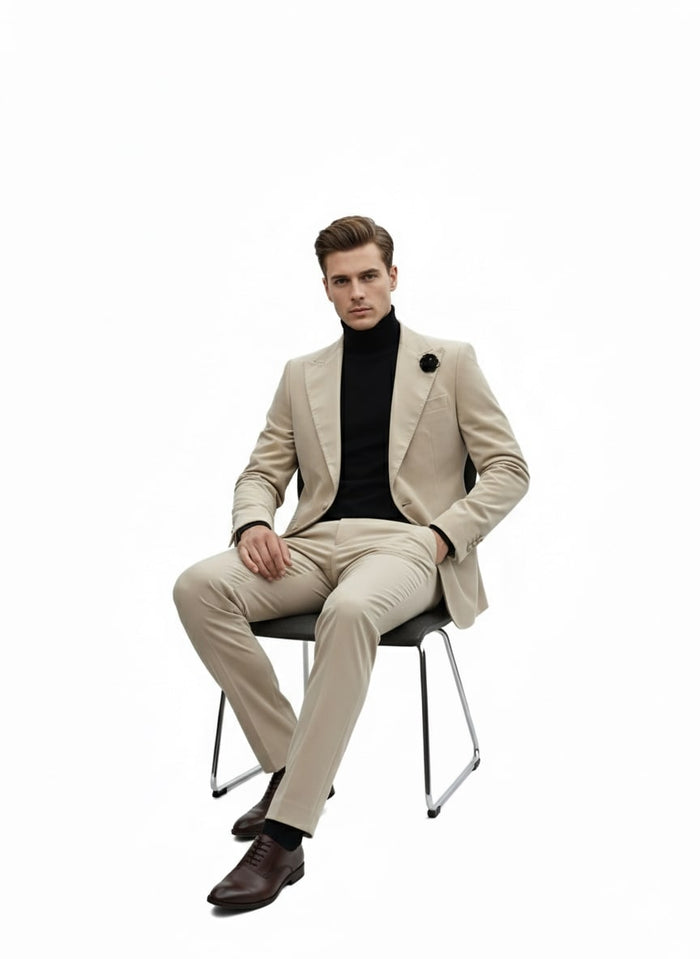 Sand Beige Velvet Slim Tuxedo Suit - 2 Piece Set