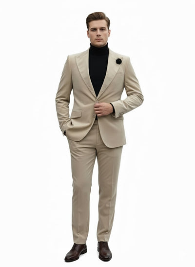 Sand Beige Velvet Slim Tuxedo Suit - 2 Piece Set