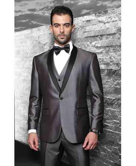 Men's 3 Piece Vested Statement Suits Clothing Confidence Wynn Shawl Lapel Tuxedo Shiny Gray Modern Fit
