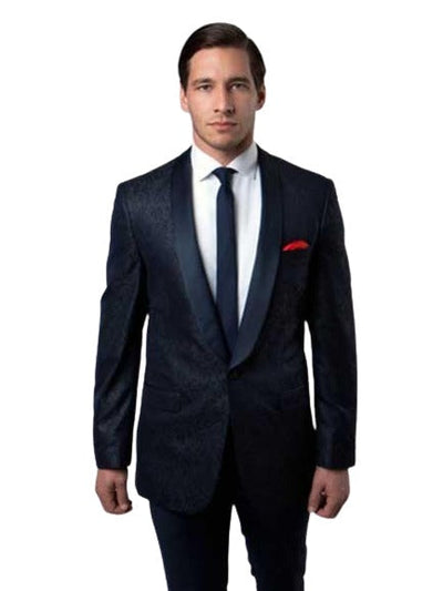 Floral Satin Shiny Black Lapel Two Toned Men's Tuxedo Dinner Jacket Blazer Paisley Sport Coat Flashy Silky Satin Stage Fancy Stage Party Dance Jacket Navy Blue