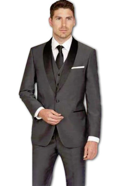 Men's Shawl Lapel Slim Fit Dark Grey Sharkskin Vested Tuxedo Suit