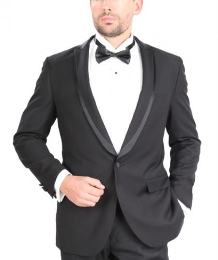 Slim Fit Single Button W/Satin Trim Tuxedo Black Skinny Tapered Fit