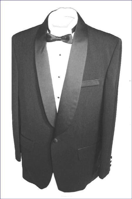Black single button, shawl collar tuxedo jacket and pants with besom pocket